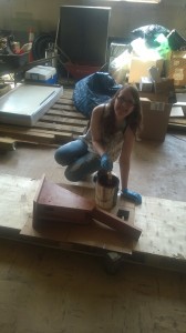 Kaityln White staining up one of EPCAMR's Blue Bird boxes with a manganese oxide wood stain.