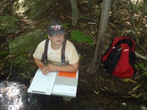 Dawson Hughes (age 10) assisting EPCAMR as a Water Quality Monitoring Volunteer on Sugar Notch Run in the Solomon Creek Watershed